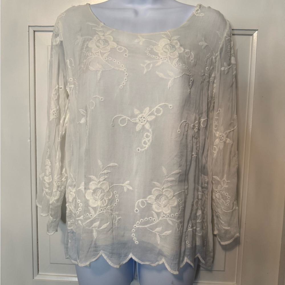 Elena Baldi Italy Silk Blend Blouse Ivory Embroidered Size S